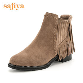 Safiya索菲娅冬季牛反绒粗跟流苏短靴女靴子SF84116169