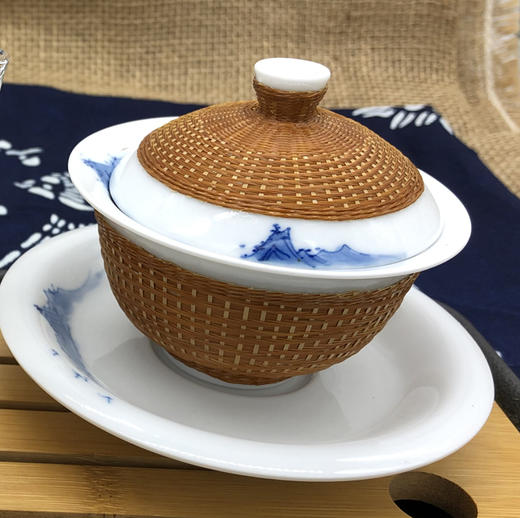 【老山翁】竹丝扣瓷茶具盖碗茶杯手工竹编茶具套装 商品图1
