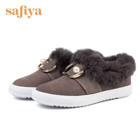 【最后1天】【下架清仓甩卖】商场同款 |safiya索菲娅秋冬牛皮兔毛珠饰保暖羊毛里舒适低跟女单鞋SF74112007