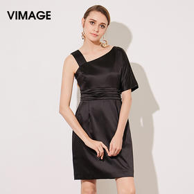 VIMAGE纬漫纪夏季新款斜领吊带褶皱拼接短袖A字裙连衣裙女夏V507104