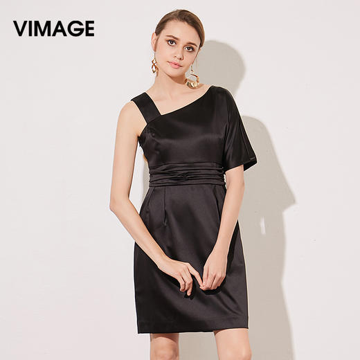 VIMAGE纬漫纪夏季新款斜领吊带褶皱拼接短袖A字裙连衣裙女夏V507104 商品图0