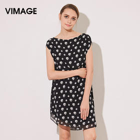 VIMAGE纬漫纪夏季新款女装包袖直筒一字领印花雪纺连衣裙中裙V507076