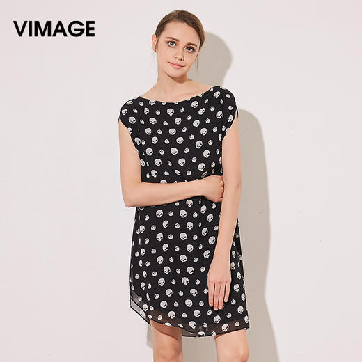 VIMAGE纬漫纪夏季新款女装包袖直筒一字领印花雪纺连衣裙中裙V507076 商品图0