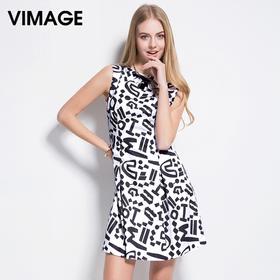 VIMAGE纬漫纪夏新款印花收腰性感深V漏背A字裙涂鸦印花短款连衣裙女V307067