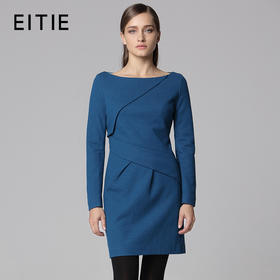 EITIE爱特爱秋冬纯色英伦时尚气质收腰拼接长袖连衣裙一步裙女5007778