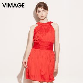 VIMAGE纬漫纪夏季新款女装复古褶皱系带束腰修身连衣裙子夏V507009