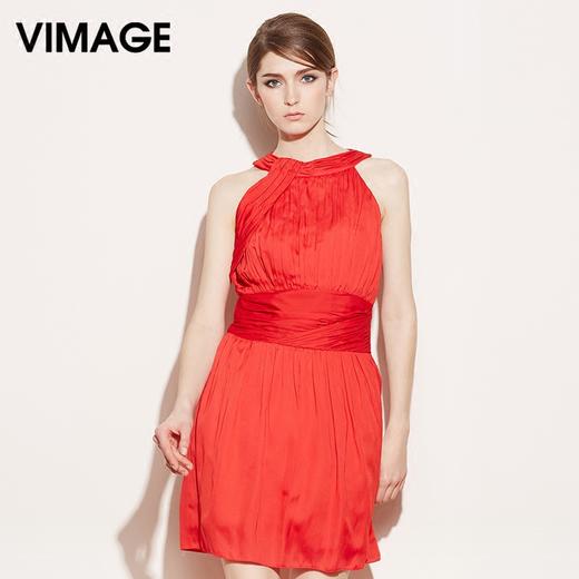 VIMAGE纬漫纪夏季新款女装复古褶皱系带束腰修身连衣裙子夏V507009 商品图0