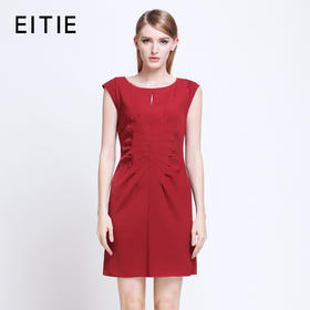 EITIE爱特爱旗舰店女装夏装时尚纯色褶裥拉链高腰修身无袖连衣裙3907649