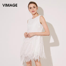 VIMAGE纬漫纪夏季新款女装雪纺高腰拼接褶皱无袖连衣裙A字裙V507075