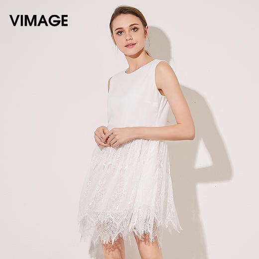 VIMAGE纬漫纪夏季新款女装雪纺高腰拼接褶皱无袖连衣裙A字裙V507075 商品图0