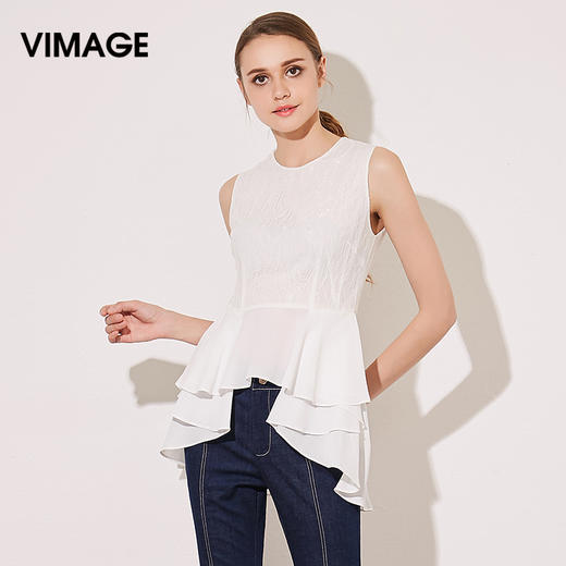 VIMAGE纬漫纪夏季新款女装无袖圆领雪纺不规则下摆上衣T恤女V513032 商品图0