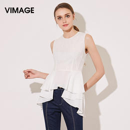 VIMAGE纬漫纪夏季新款女装无袖圆领雪纺不规则下摆上衣T恤女V513032
