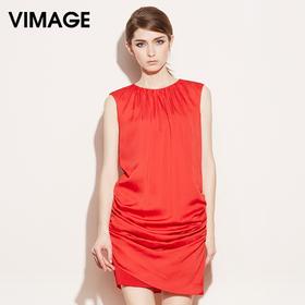 VIMAGE纬漫纪夏装新款女装圆领纯色背心裙抽褶显瘦连衣裙子V507053