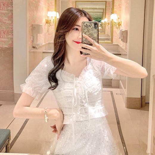 【清仓非质量问题不退换】张心子套装女2020新款夏名媛亮片网纱上衣裙子两件套洋气减龄时尚063022 商品图0