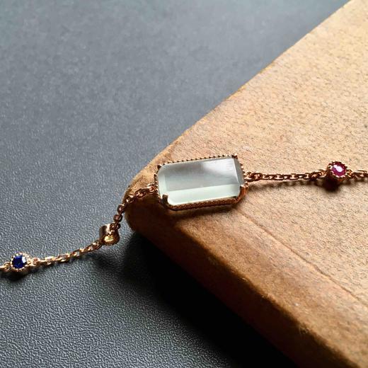 高冰种翡翠方形祖母绿切割多彩宝石手链18k玫瑰金镶嵌 商品图0