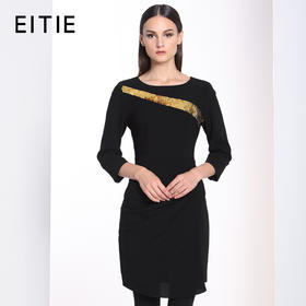 EITIE爱特爱秋季款时尚亮片拼接修身高腰七分袖连衣裙5207932