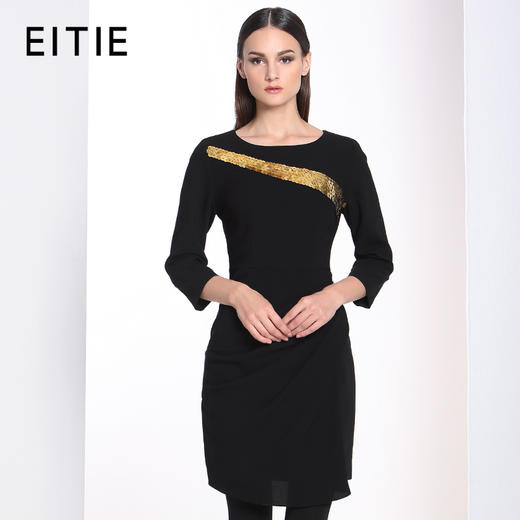 EITIE爱特爱秋季款时尚亮片拼接修身高腰七分袖连衣裙5207932 商品图0