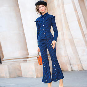 FMY-27243新款显瘦喇叭长裤格子外套两件套