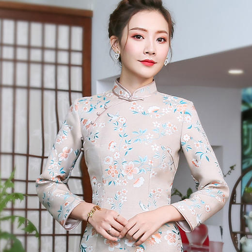 XGT-Q9392新款碎花民国风长袖文艺复古改良旗袍连衣裙 商品图1