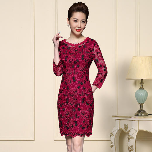 JS-XL8061新款婚宴婚礼喜庆红色喜婆婆气质水溶花网纱刺绣包臀裙 商品图1