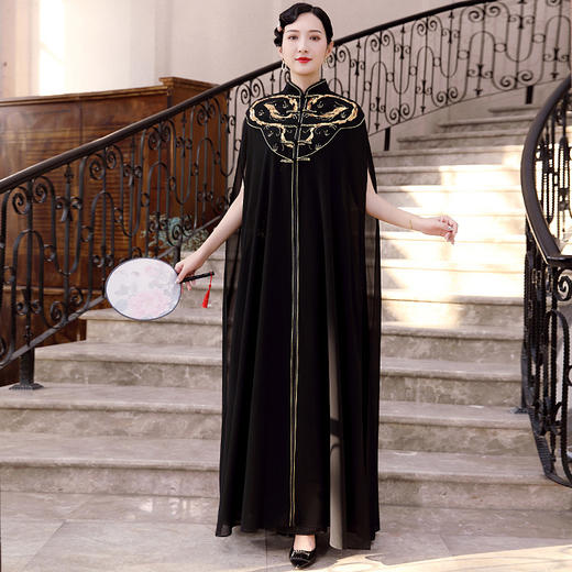 DLQ-A2223黑色旗袍披肩外搭外套开衫斗篷披风长款复古中国风 商品图0