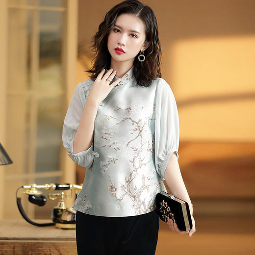 AYK-QF-191030纱网拼接中袖提花上衣女时尚改良唐装 商品图0