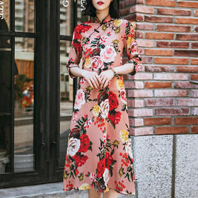 SMHC-SM20119新款复古盘扣印花修身显瘦长款真丝连衣裙