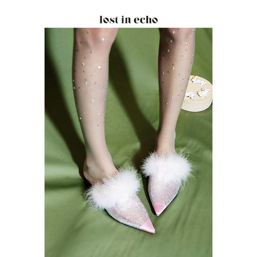 新年闪购lost in echo满钻鸵鸟毛平底穆勒鞋 时尚粉色尖头低跟女鞋 商品图0