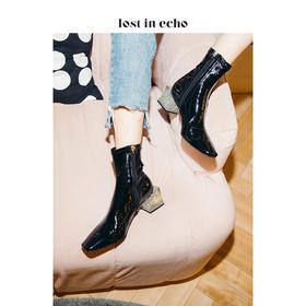 新年闪购lost in echo2020秋季方形水晶跟漆皮短靴 弹力方头银箔中跟时尚女靴女鞋