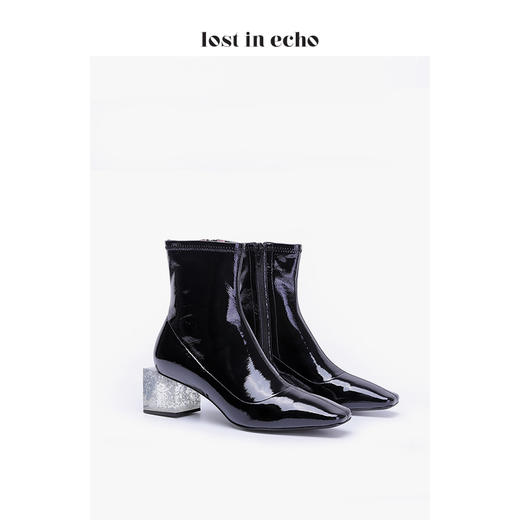 新年闪购lost in echo2020秋季方形水晶跟漆皮短靴 弹力方头银箔中跟时尚女靴女鞋 商品图1