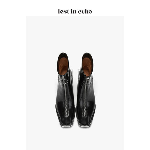【微瑕疵不退不换】lost in echo2020秋款上新黑色铁头方跟短靴女 金属方头圆环拉链中跟女鞋 商品图3