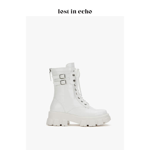 lost in echo 设计师 厚底气眼装饰马丁靴 白色绑带女靴中跟女鞋 商品图2