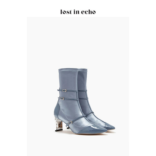 新年闪购lost in echo2020秋季弹力布玛丽珍女靴 漆皮蓝色套筒高跟尖头女鞋 商品图1
