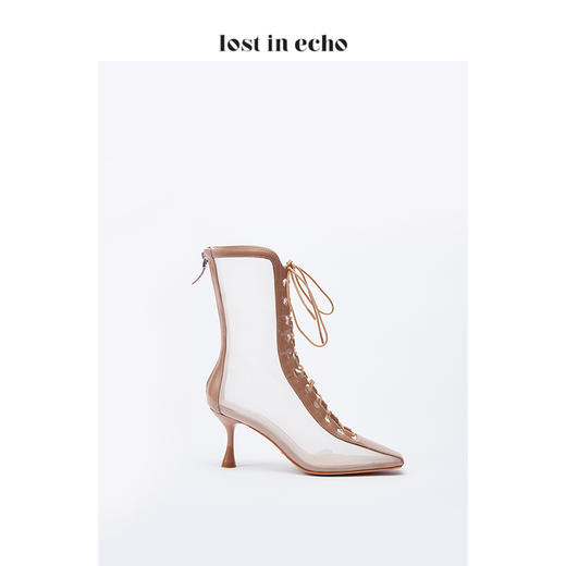 lost in echo裸色漆皮透明网纱短靴女 时尚绑带透气高跟鞋女鞋 商品图2