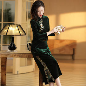 AYK-QF-1908157九分袖立领丝绒绣花改良唐装+阔腿裤
