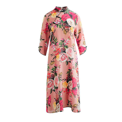 SMHC-SM20119新款复古盘扣印花修身显瘦长款真丝连衣裙 商品图4