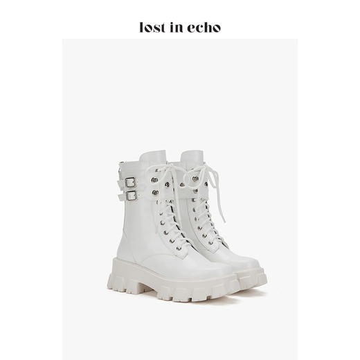 lost in echo 设计师 厚底气眼装饰马丁靴 白色绑带女靴中跟女鞋 商品图1