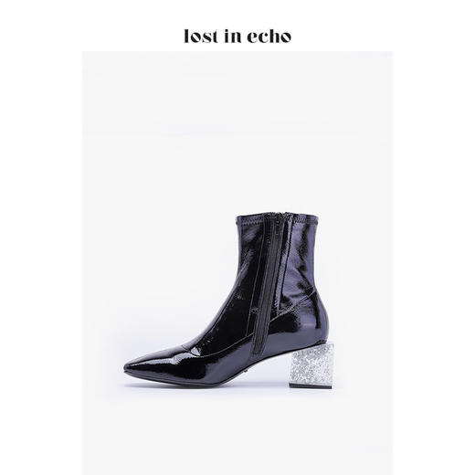 新年闪购lost in echo2020秋季方形水晶跟漆皮短靴 弹力方头银箔中跟时尚女靴女鞋 商品图4