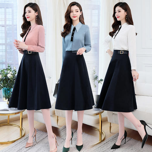 寒冰紫雨2020春装新品中长款百搭半身裙子2件套装女个性舒适尖领长袖