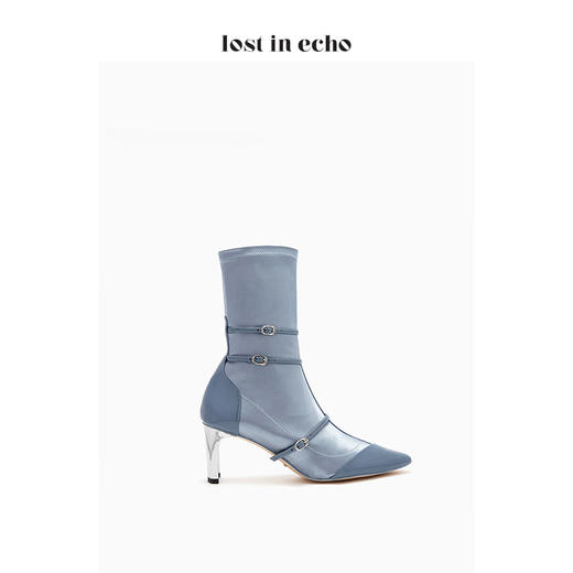 新年闪购lost in echo2020秋季弹力布玛丽珍女靴 漆皮蓝色套筒高跟尖头女鞋 商品图2