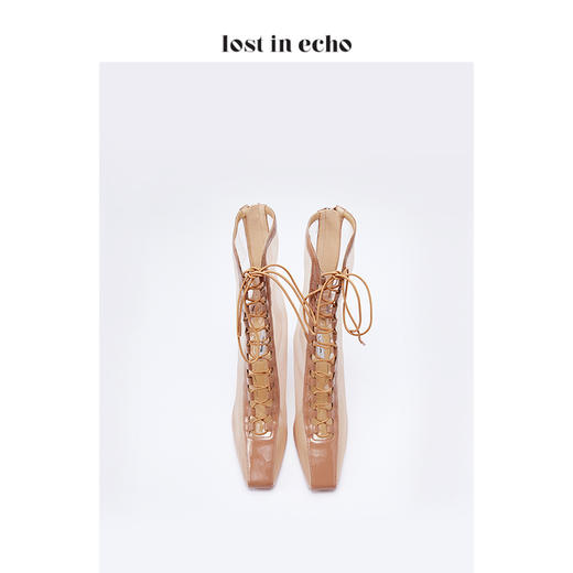 lost in echo裸色漆皮透明网纱短靴女 时尚绑带透气高跟鞋女鞋 商品图3