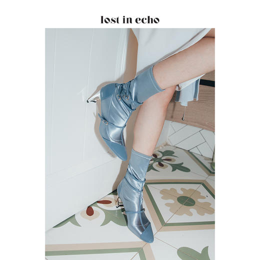 新年闪购lost in echo2020秋季弹力布玛丽珍女靴 漆皮蓝色套筒高跟尖头女鞋 商品图0