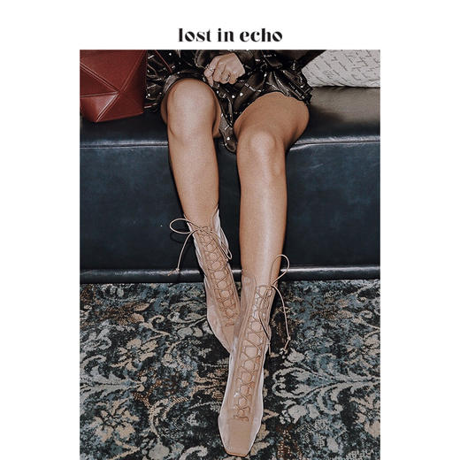 lost in echo裸色漆皮透明网纱短靴女 时尚绑带透气高跟鞋女鞋 商品图0