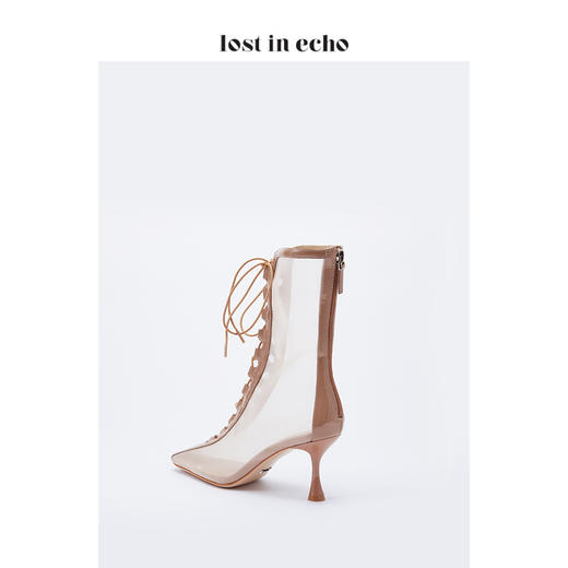 lost in echo裸色漆皮透明网纱短靴女 时尚绑带透气高跟鞋女鞋 商品图4