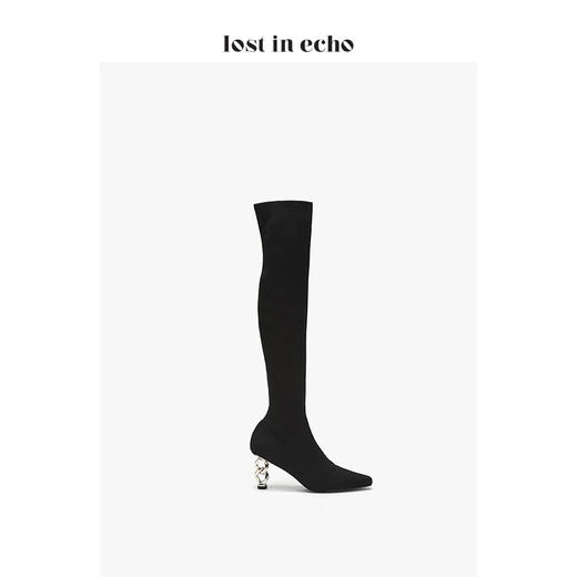 【微瑕疵不退不换】lost in echo2020秋季新款黑色过膝飞织靴 方头弹力布高筒长靴高跟女鞋 商品图2