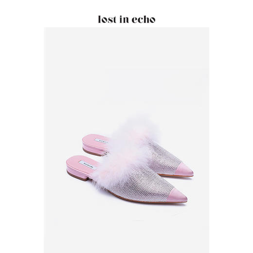 新年闪购lost in echo满钻鸵鸟毛平底穆勒鞋 时尚粉色尖头低跟女鞋 商品图1