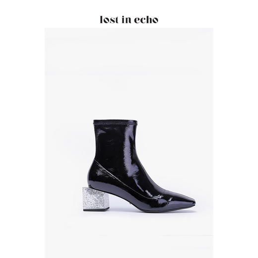 新年闪购lost in echo2020秋季方形水晶跟漆皮短靴 弹力方头银箔中跟时尚女靴女鞋 商品图2