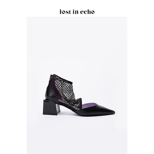 lost in echo黑色牛皮时尚方跟女鞋 简约弹力烫钻网中跟单鞋 商品图2