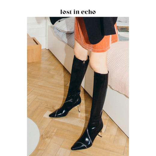 lost in echo2020秋季上新拉链装饰尖头女靴 黑色套筒高跟长靴女 商品图0