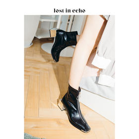 【微瑕疵不退不换】lost in echo2020秋款上新黑色铁头方跟短靴女 金属方头圆环拉链中跟女鞋